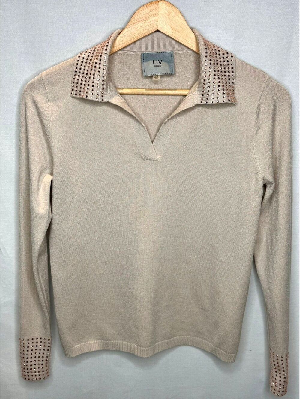 LIV Milano XS Ivory/Blush Rhinestone Collar Cuff Sweater Jeweled Knit Top